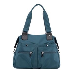 Teal Nylon Multi-Pocket Shoulder Bag Lightweight Travel Tote Handbag